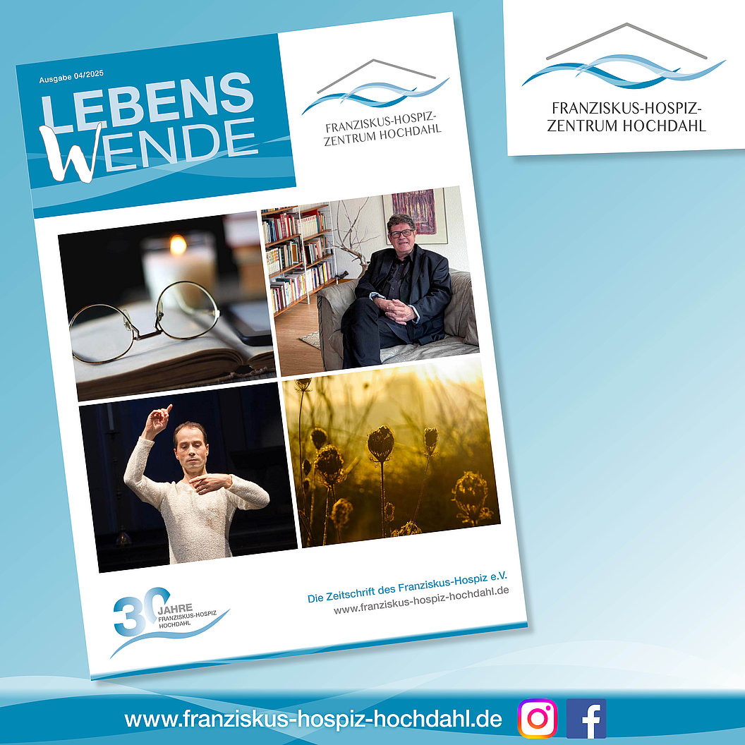 Titelseite der Zeitschrift 'Lebenswende' mit vier Fotos: Brille auf Buch, sitzende Person, tanzende Person, Pflanzen im Gegenlicht. Logo des Franziskus-Hospiz-Zentrums Hochdahl.