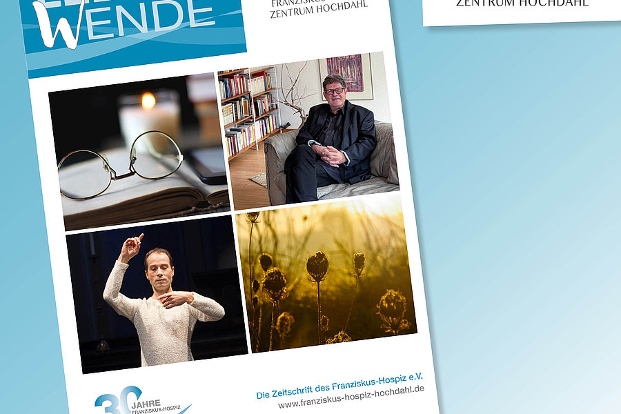 Titelseite der Zeitschrift 'Lebenswende' mit vier Fotos: Brille auf Buch, sitzende Person, tanzende Person, Pflanzen im Gegenlicht. Logo des Franziskus-Hospiz-Zentrums Hochdahl.