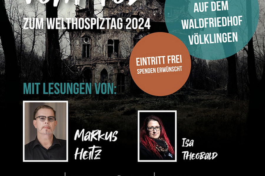 Veranstaltungsplakat für 'Geschichten vom Tod' zum Welthospiztag 2024 mit Lesungen von Markus Heitz und Isa Theobald vor einem alten Gebäude.