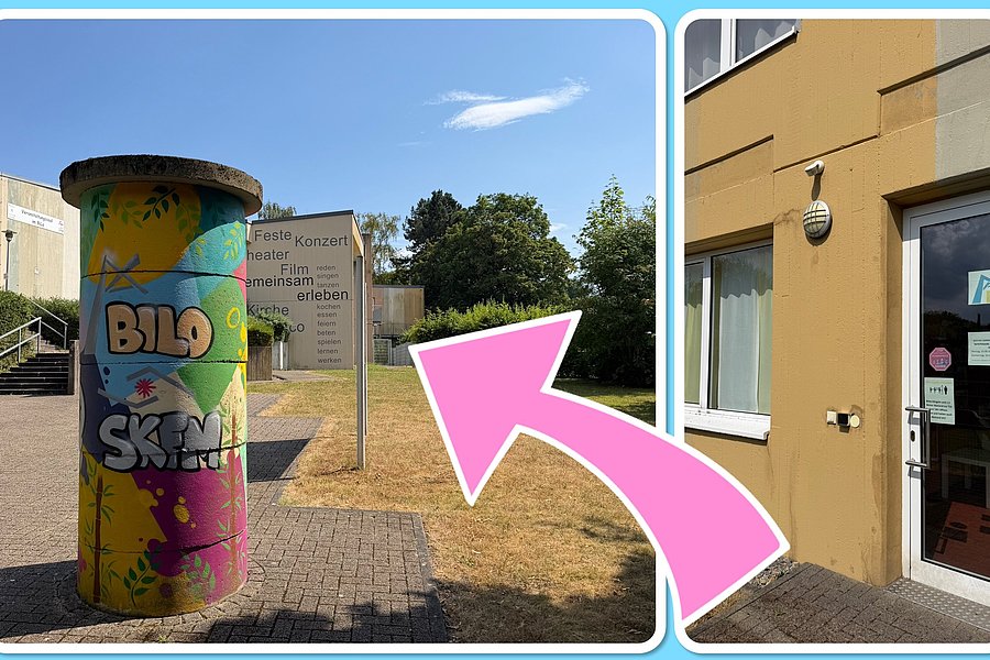 Collage aus vier Fotos zeigt oben links eine bunte Säule mit der Aufschrift 'BILD SKIN', oben rechts einen Hauseingang mit Glastür und Klingel, unten links einen Besprechungsraum mit mehreren Stühlen um einen Tisch und unten rechts einen weiteren Besprechungsraum mit bunten Stühlen, einem Laptop und einem langen Tisch.