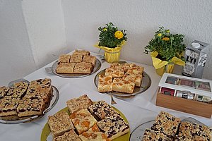 Mehrere Teller mit verschiedenen Kuchenstücken auf einem weißen Tisch, im Hintergrund zwei gelbe Blumentöpfe mit grünen Pflanzen und eine Getränkekartonverpackung