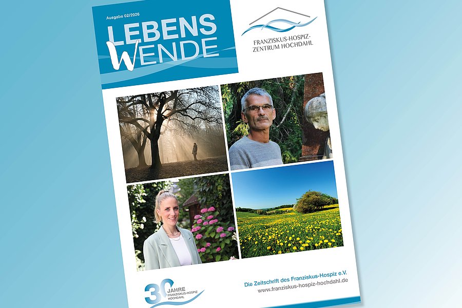 Titelseite der Zeitschrift "LEBENS WENDE" mit vier Fotos, darunter zwei Porträts von Personen mit unkenntlich gemachten Gesichtern, ein Baum in einer Landschaft und eine Blumenwiese.