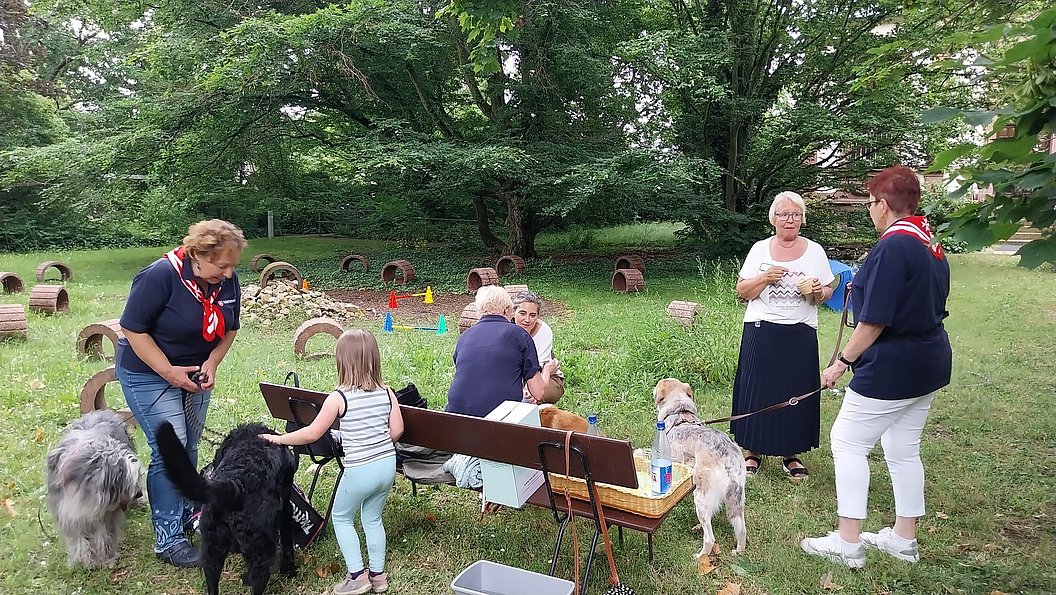 Mehrere Personen mit Hunden stehen und sitzen auf einer Wiese mit Bänken und Hundespielzeug, umgeben von Bäumen.