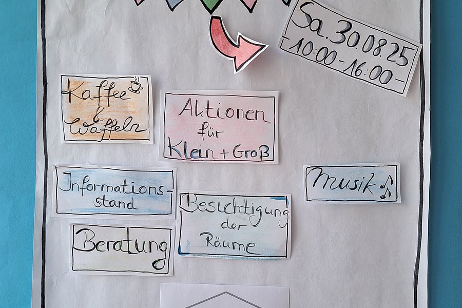 Plakat mit der Überschrift 'TAG DER OFFENEN TÜR', Datum 'Sa. 30 08 25 10.00-16.00', Angeboten wie Kaffee und Waffeln, Aktionen für Klein und Groß, Informationsstand, Beratung, Besichtigung der Räume und Musik, unten Logo 'FRANZISKUS-HOSPIZ ZENTRUM HOCHDAHL' und handgeschriebener Text mit Herzsymbolen.
