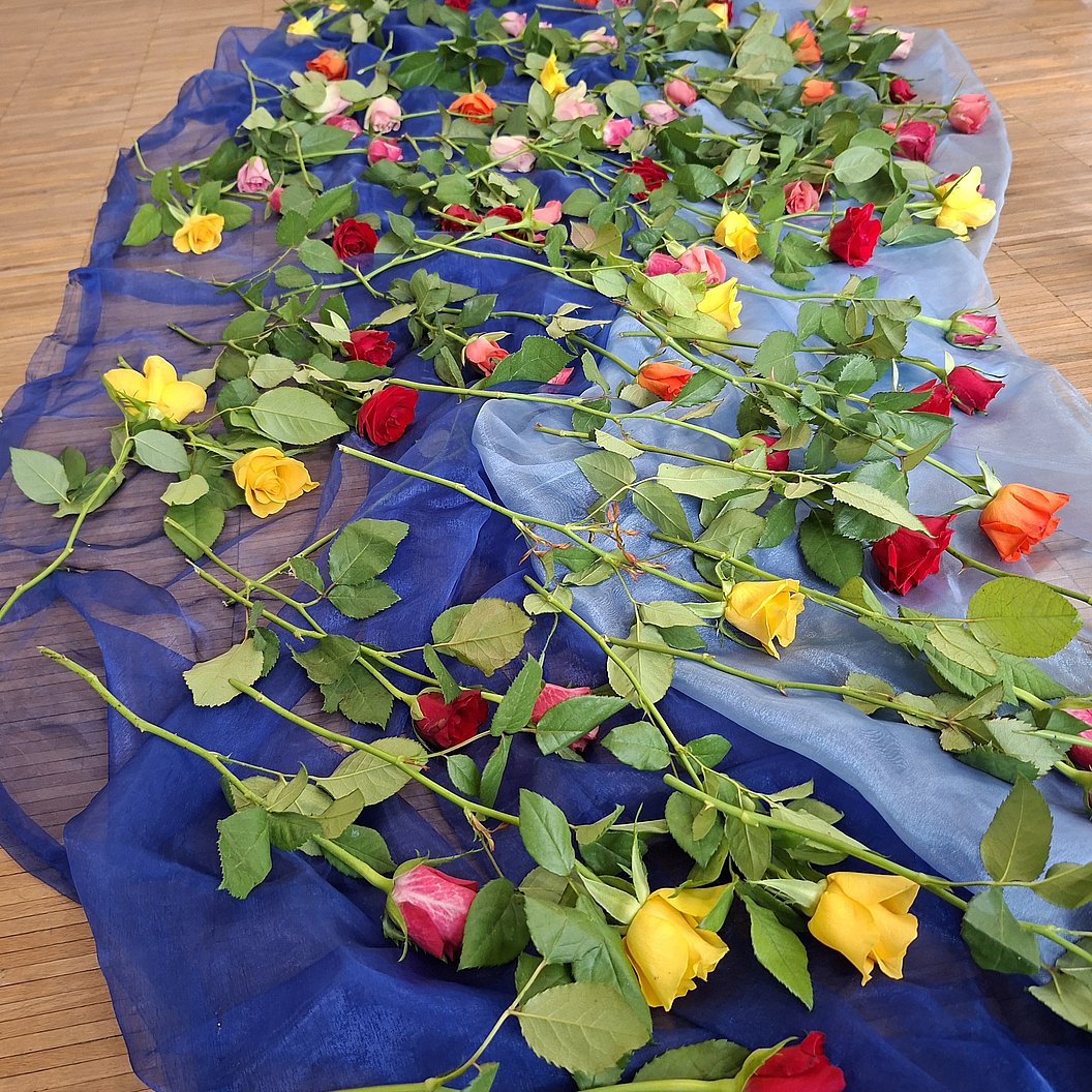 Mehrere langstielige Rosen in verschiedenen Farben liegen auf einem blauen Stoff ausgebreitet auf einem Holzboden