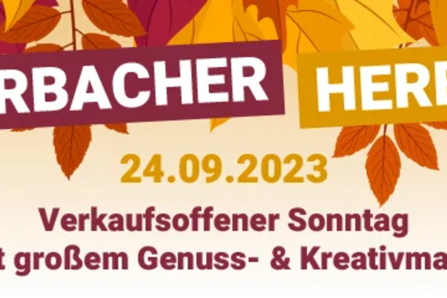 Herbstliches Design mit orangefarbenen und roten Blättern, Text 'Morbacher Herbst', Datum '24.09.2023', Hinweis auf verkaufsoffenen Sonntag mit Genuss- und Kreativmarkt.