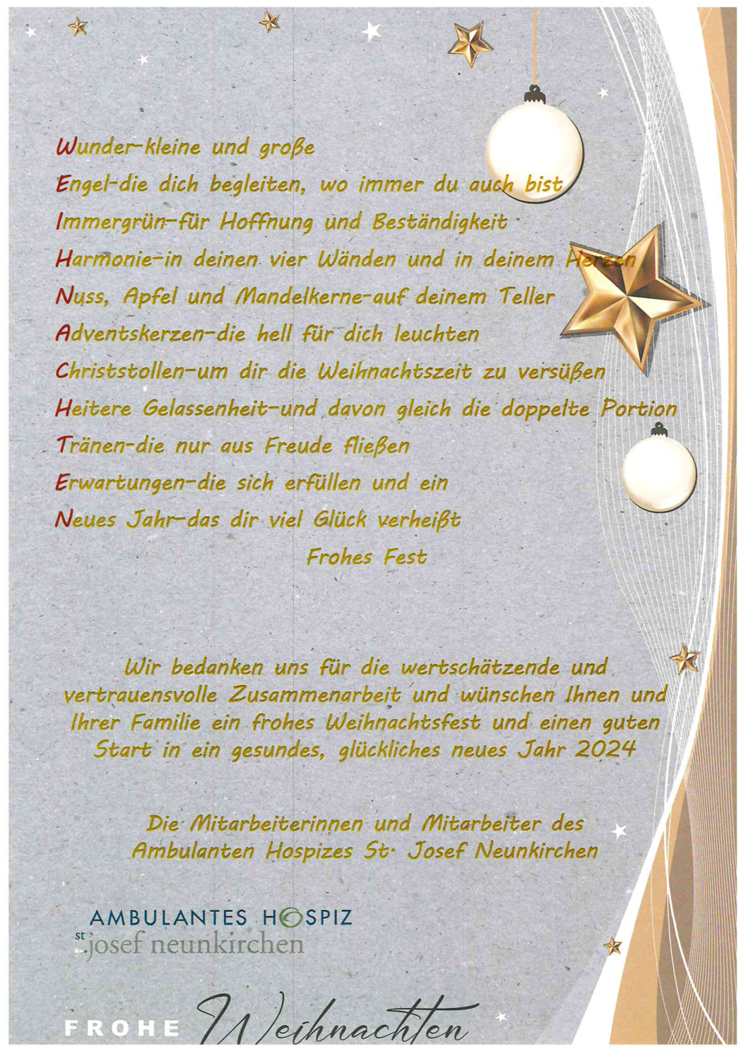 Weihnachtliche Grußkarte mit goldenem Stern, Kugeln und Lichterkette, Text mit Weihnachtswünschen und Neujahrsgrüßen vom Ambulanten Hospiz St. Josef Neunkirchen.
