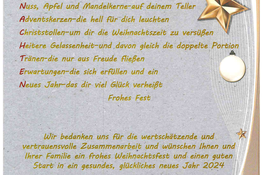Weihnachtliche Grußkarte mit goldenem Stern, Kugeln und Lichterkette, Text mit Weihnachtswünschen und Neujahrsgrüßen vom Ambulanten Hospiz St. Josef Neunkirchen.