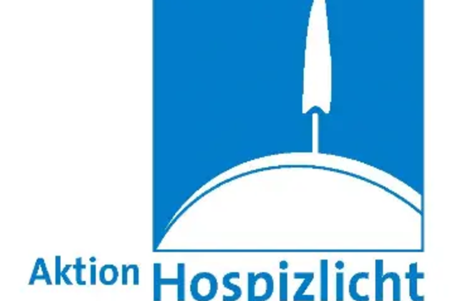 Logo mit stilisierter Kerze auf einem runden Untergrund und dem Text 'Aktion Hospizlicht IN WÜRDE LEBEN – BIS ZULETZT'