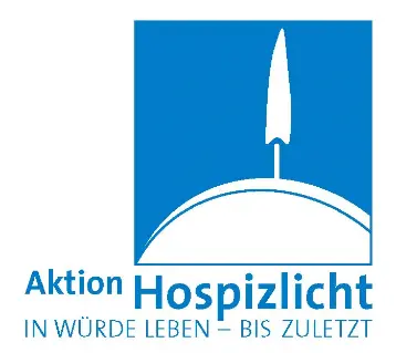 Logo mit stilisierter Kerze auf einem runden Untergrund und dem Text 'Aktion Hospizlicht IN WÜRDE LEBEN – BIS ZULETZT'