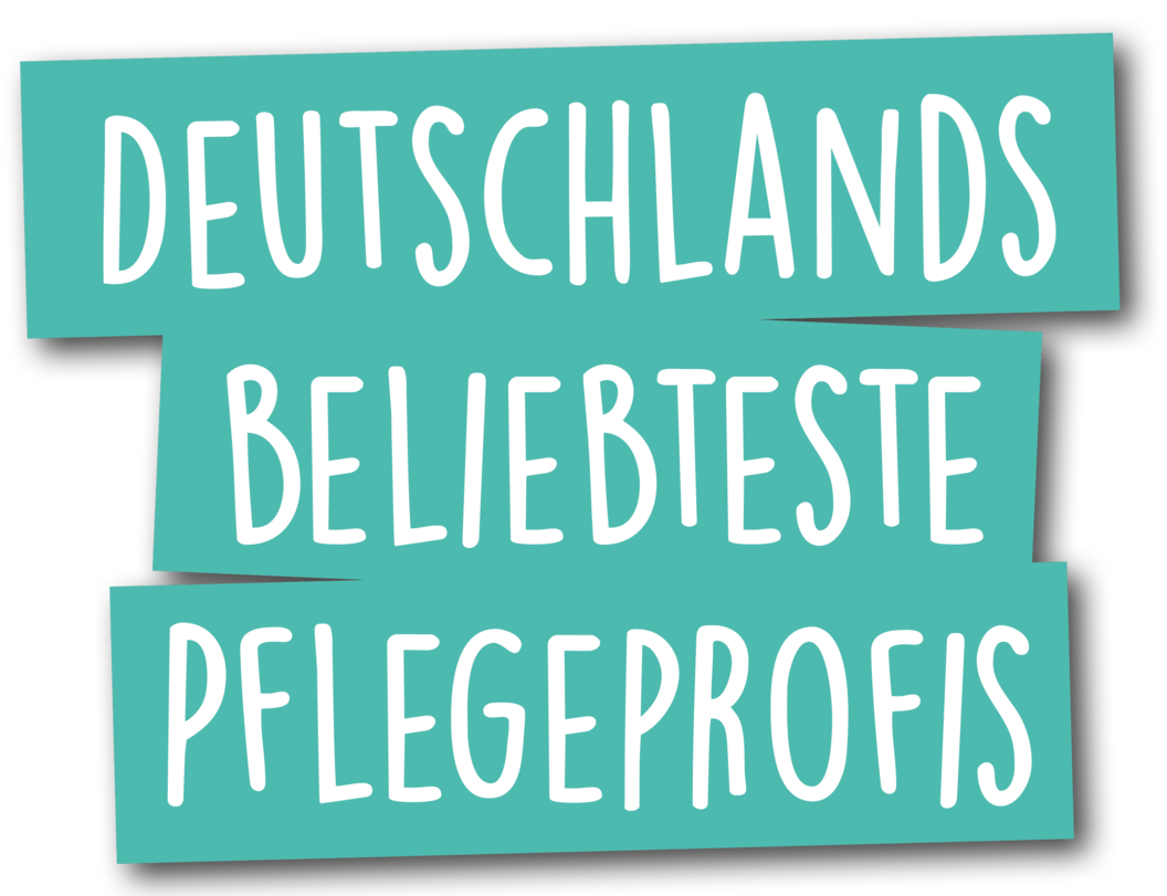 Türkisfarbene Rechtecke mit weißer Schrift 'DEUTSCHLANDS BELIEBTESTE PFLEGEPROFIS' auf schwarzem Hintergrund