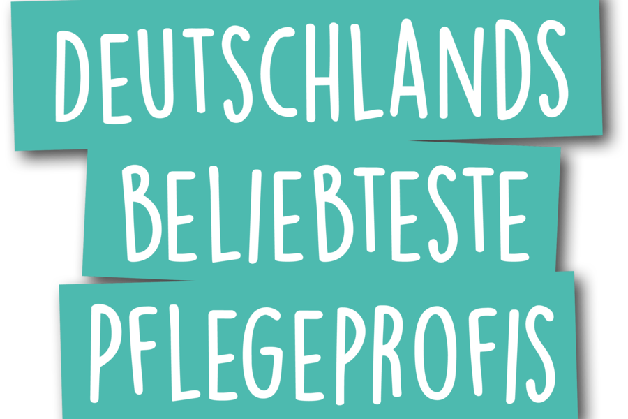 Türkisfarbene Rechtecke mit weißer Schrift 'DEUTSCHLANDS BELIEBTESTE PFLEGEPROFIS' auf schwarzem Hintergrund