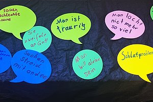 Mehrere bunte Sprechblasen mit handgeschriebenen deutschen Texten wie 'Man ist traurig', 'Schlafprobleme' und 'Man will alleine sein' auf dunklem Untergrund.