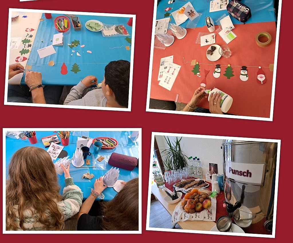 Collage aus fünf Fotos: Kinder basteln an Tischen mit bunten Bastelmaterialien; ein Tisch mit Punschspender und Gebäck; Text 'Winterzeit ist Bastelzeit' mit Weihnachts-Emojis auf rotem Hintergrund.
