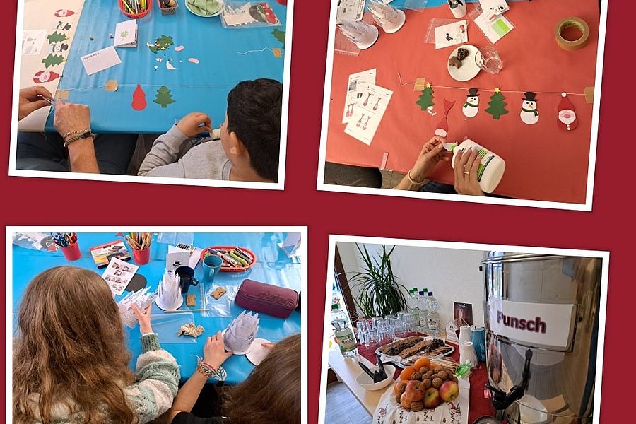 Collage aus fünf Fotos: Kinder basteln an Tischen mit bunten Bastelmaterialien; ein Tisch mit Punschspender und Gebäck; Text 'Winterzeit ist Bastelzeit' mit Weihnachts-Emojis auf rotem Hintergrund.