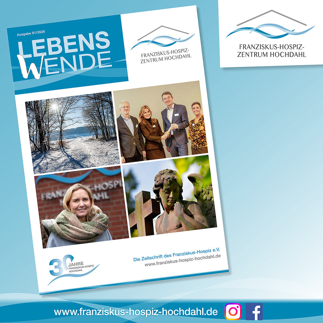 Titelseite der Zeitschrift "Lebenswende" mit Fotos von Menschen und einer Landschaft, dazu das Logo des Franziskus-Hospiz-Zentrums Hochdahl