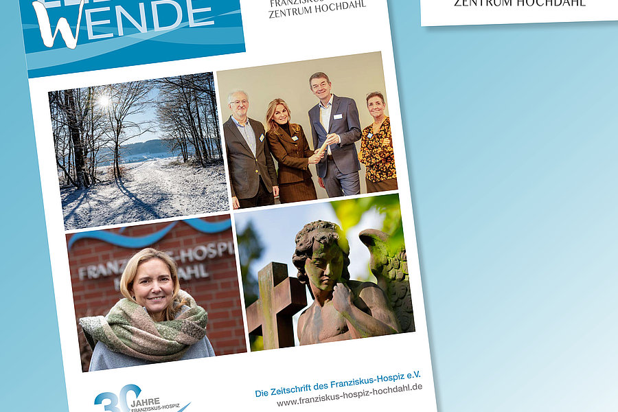 Titelseite der Zeitschrift "Lebenswende" mit Fotos von Menschen und einer Landschaft, dazu das Logo des Franziskus-Hospiz-Zentrums Hochdahl