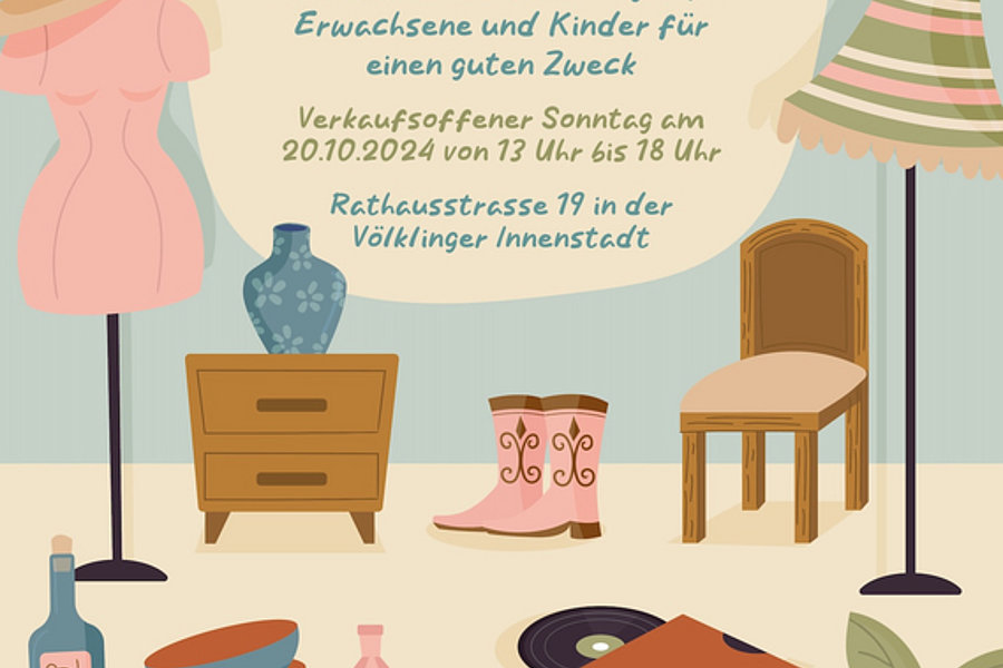Illustration mit Kleidungsstücken, Möbeln, Pflanzen und Geschirr, dazu Text zum Benefiz-Flohmarkt am 20.10.2024 in der Völklinger Innenstadt.