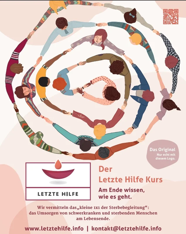 Menschen bilden einen spiralförmigen Kreis, halten sich an den Händen, umgeben ein Logo mit einer brennenden Kerze und Text zu einem Kurs für Sterbebegleitung.