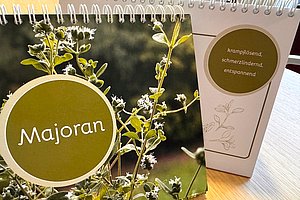 Aufgeschlagener Kalender mit Foto von Majoranpflanze und grünem Kreis mit Schriftzug 'Majoran', daneben Rückseite mit Text 'krampflösend, schmerzlindernd, entspannend'