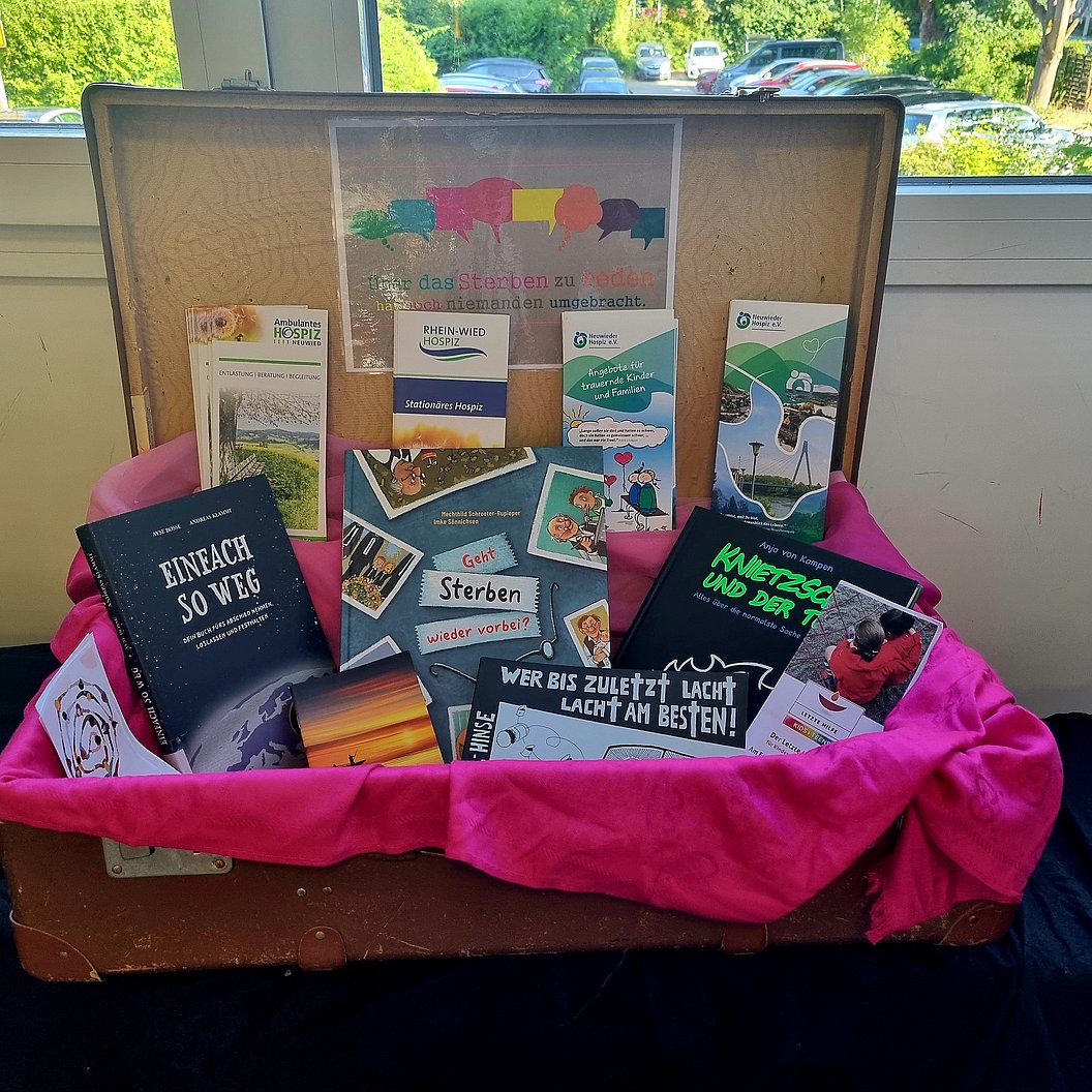 Offener Koffer mit mehreren Büchern und Broschüren, darunter Titel wie 'Einfach so weg' und 'Knetgeschichten und der Tod', auf pinkem Tuch vor Fenster mit Blick ins Grüne.