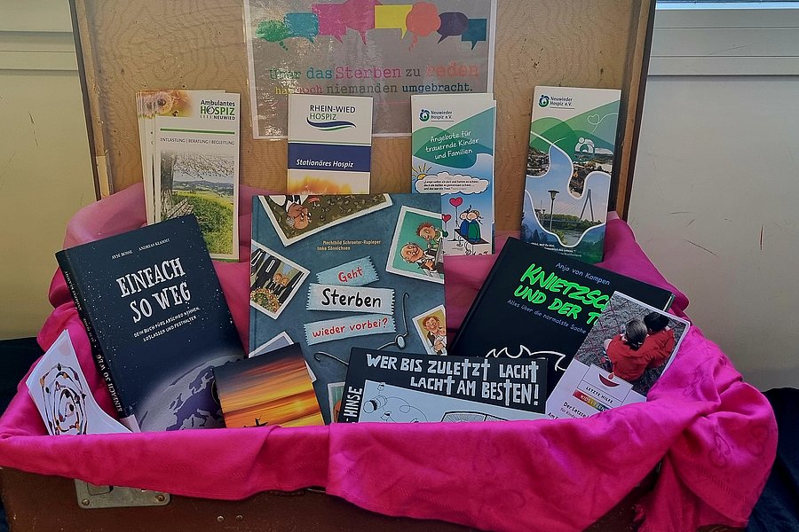 Offener Koffer mit mehreren Büchern und Broschüren, darunter Titel wie 'Einfach so weg' und 'Knetgeschichten und der Tod', auf pinkem Tuch vor Fenster mit Blick ins Grüne.