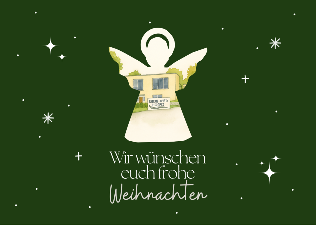 Weihnachtsgruß mit einem Engel, umgeben von Sternen auf grünem Hintergrund und dem Text 'Wir wünschen euch frohe Weihnachten'.