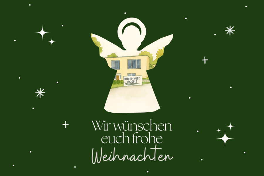 Weihnachtsgruß mit einem Engel, umgeben von Sternen auf grünem Hintergrund und dem Text 'Wir wünschen euch frohe Weihnachten'.