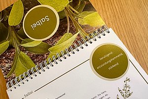 Detailansicht eines spiralförmigen Buches über Salbei mit Informationen zu den Wirkungen.