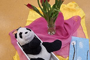 Plüschpanda liegt in einer weißen Schachtel auf gelbem und pinkem Stoff neben einer Vase mit roten Tulpen und einem blauen Geschenk mit schwarzem Band