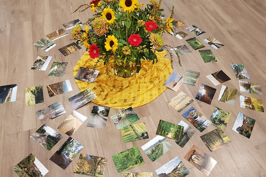 Strauß aus Sonnenblumen und roten Blumen auf gelbem Tuch, umgeben von mehreren Fotos auf Holzboden.