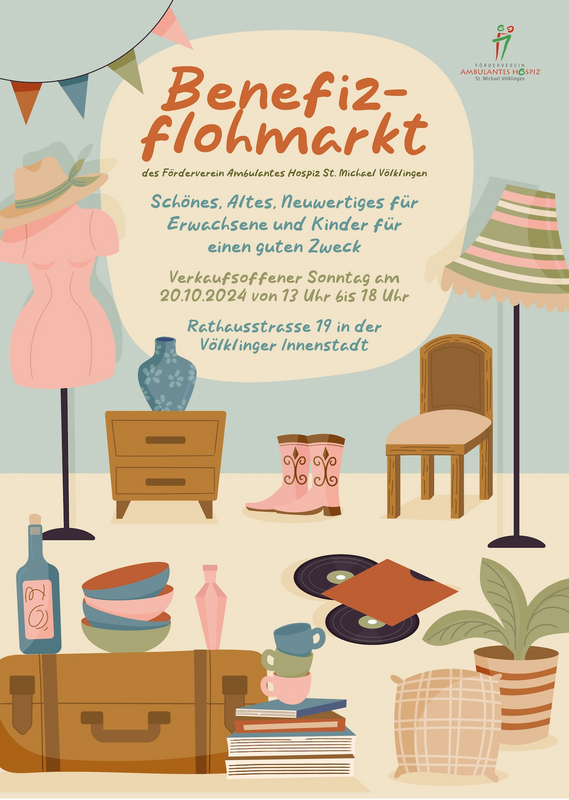 Illustration mit Kleidungsstücken, Möbeln, Pflanzen und Geschirr, dazu Text zum Benefiz-Flohmarkt am 20.10.2024 in der Völklinger Innenstadt.