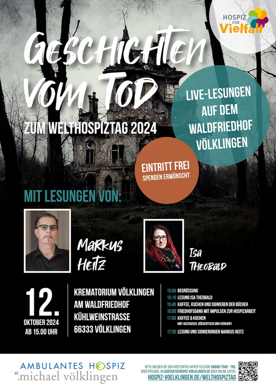 Veranstaltungsplakat für 'Geschichten vom Tod' zum Welthospiztag 2024 mit Lesungen von Markus Heitz und Isa Theobald vor einem alten Gebäude.