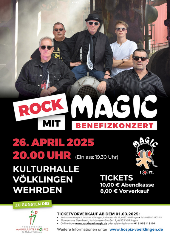 Fünf Personen vor einer Dampflok, darunter Text zu einem Benefizkonzert 'Rock mit Magic' am 26. April 2025 in der Kulturhalle Völklingen.