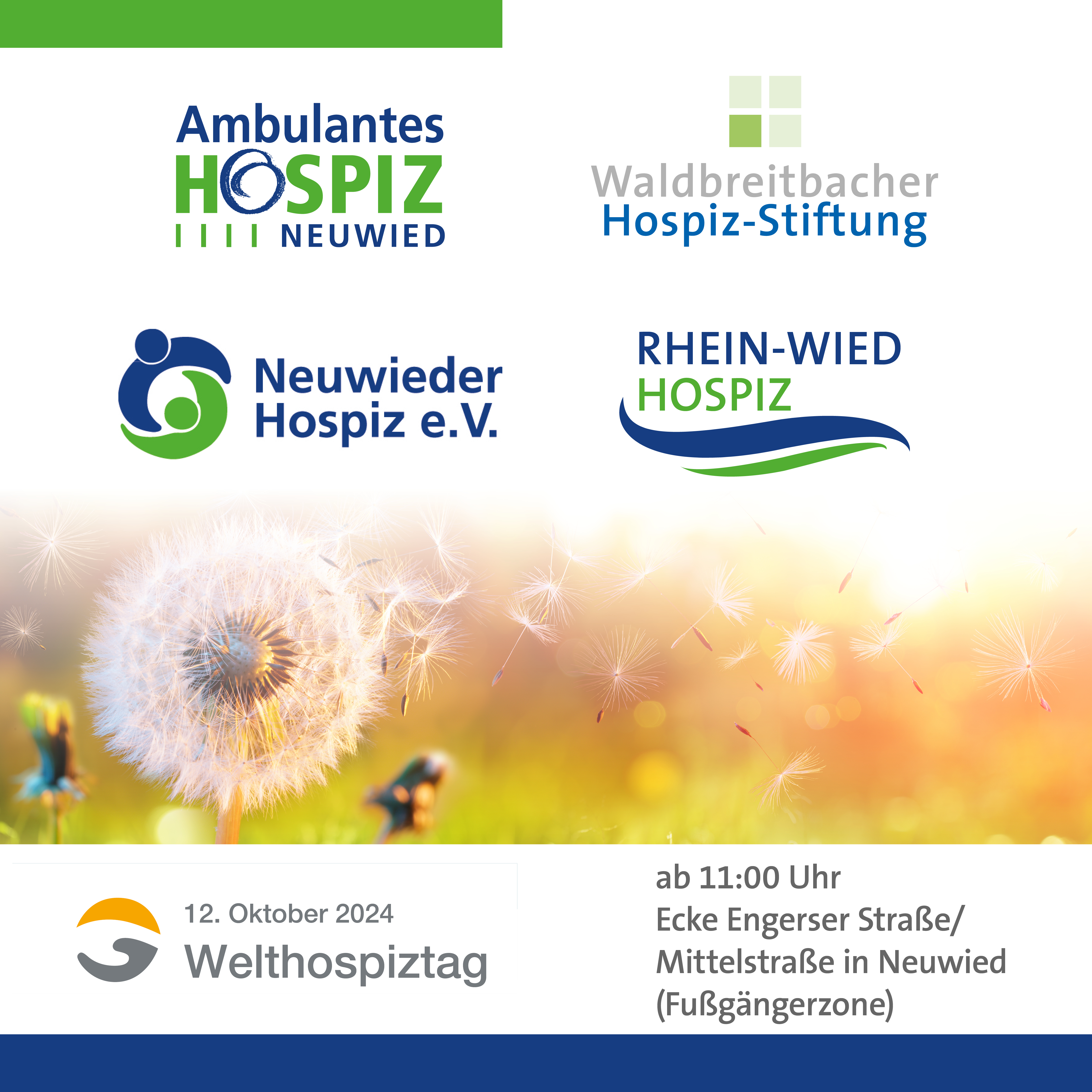 Logos von Ambulantes Hospiz Neuwied, Waldbreitbacher Hospiz-Stiftung, Neuwieder Hospiz e.V. und Rhein-Wied Hospiz mit Informationen zum Welthospiztag am 12. Oktober 2024